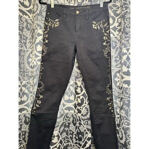 Marchesa Voyage Size 28 Black Straight Cut Denim Jeans Gold embroidered On Sides